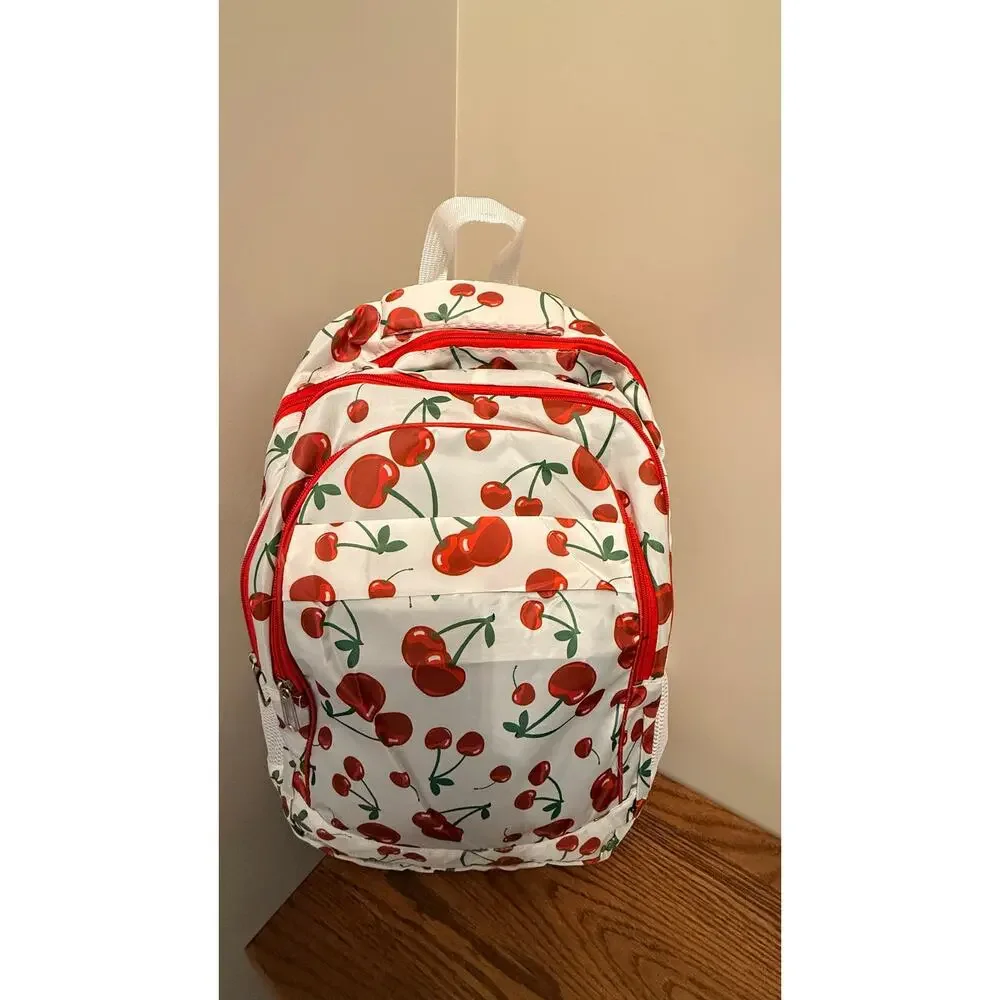 New white backpack cherry pattern.Padded back,multiple pockets,adjustable straps